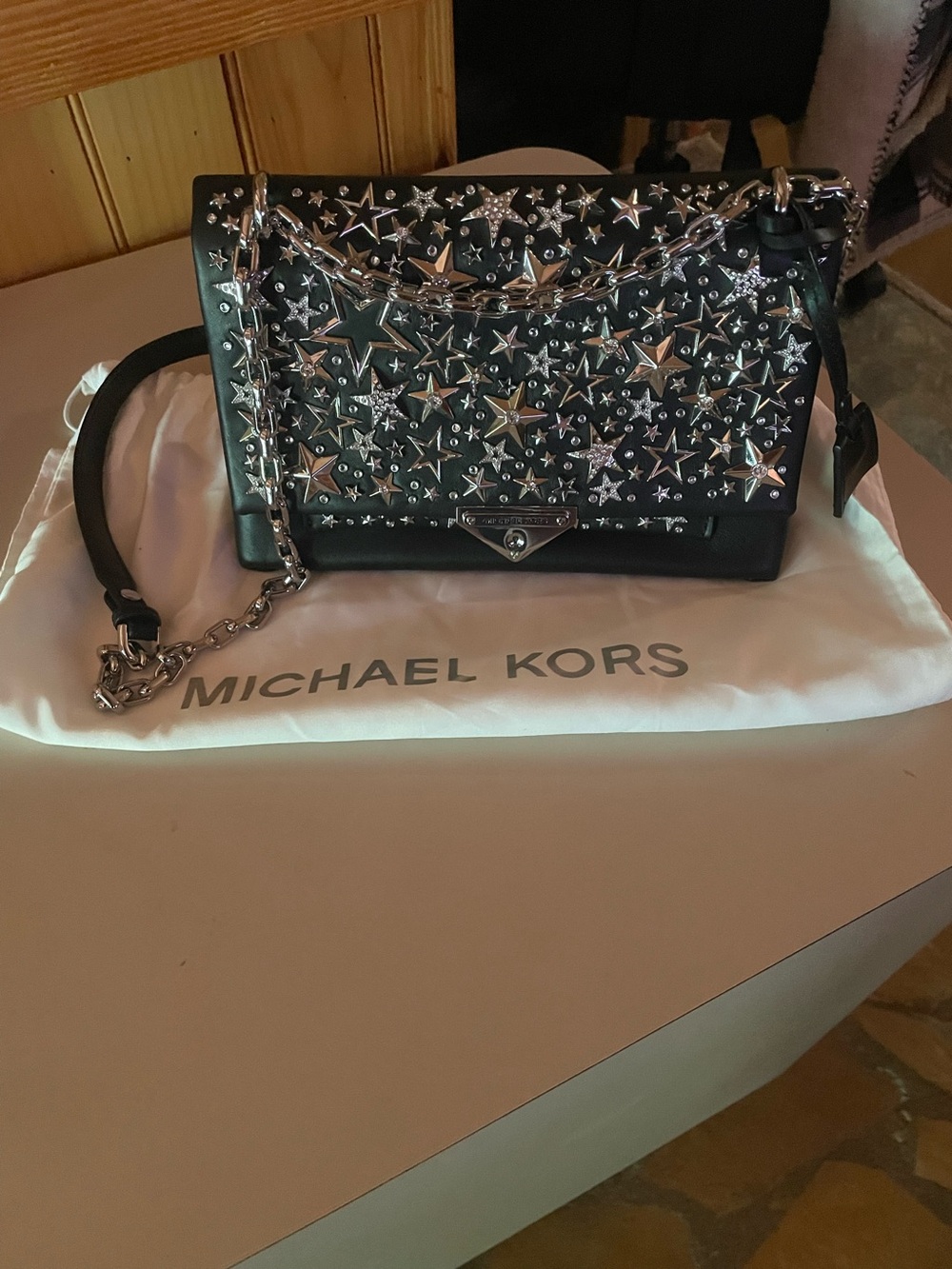 Michael Kors Black Star-Studded Leather Shoulder Bag with Silver Chain
